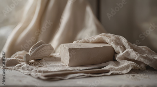 Wallpaper Mural Neutral toned still life of sculpting materials including clay, a shaping tool, and crumpled cloth. Torontodigital.ca