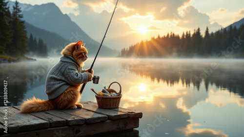 A cat wearing a sweater fishing by a mountain lake at sunset. photo