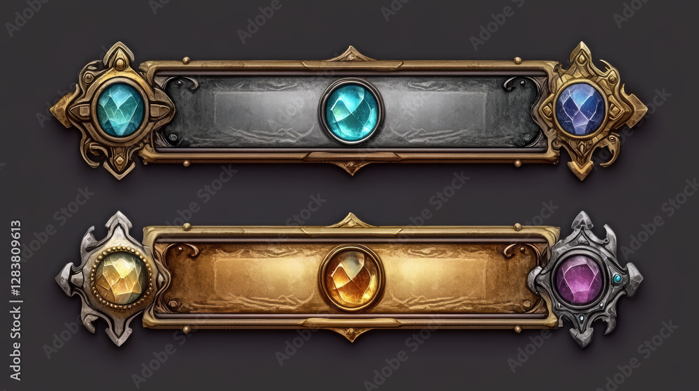 Medieval game button or board, ui metal fantasy border, golden, silver or bronze frame decorated with gemstones, vector icons. Ancient rectangle banner, old vintage rank sign or empty item bar cartoon Medieval game button or board, ui metal fantasy border, golden, silver or bronze frame decorated with gemstones, vector icons. Ancient rectangle banner, old vintage rank sign or empty item bar cartoon