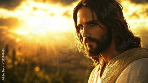 A Photorealistic Depiction of Jesus Christ, Wearing a White Robe with a Golden Sash, His Face Radiating Kindness and Wisdom