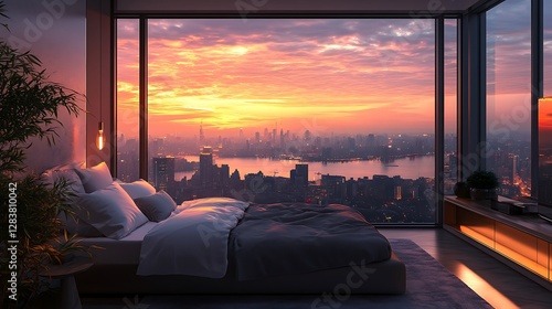 A penthouse bedroom with a panoramic view of a modern cityscape during sunrise, soft natural light illuminating a cozy bed with gray and white linens, sleek metallic accents,