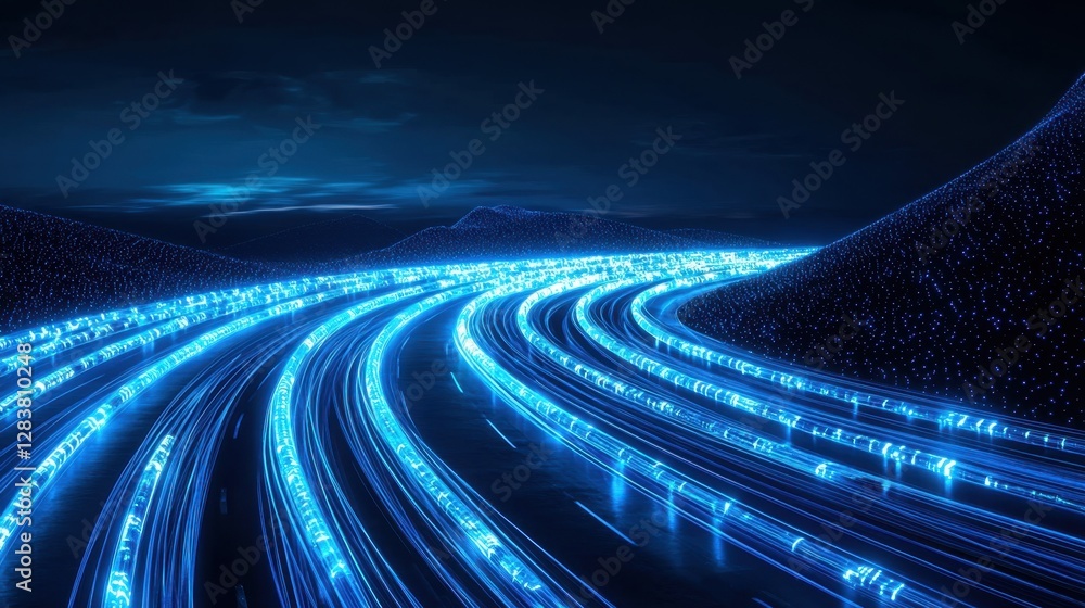 Fototapeta premium Vibrant Blue Light Trails on a Dark Road Surrounded by Hills Undernight Sky, Representing Motion and Energy in a Digital Landscape