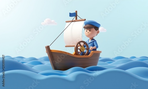 Cartoon Sailor Character on Boat in Stylized Ocean Waves