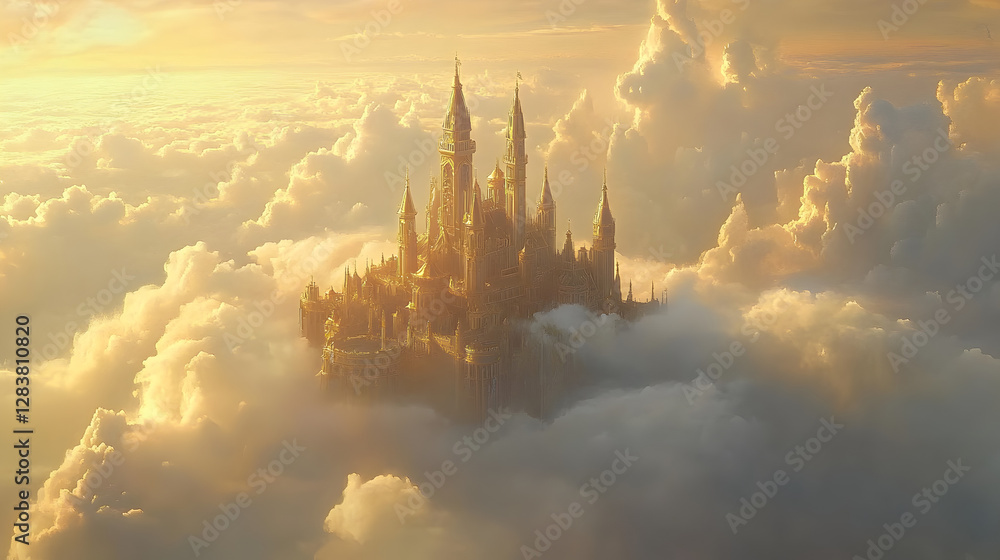 Fototapeta premium dragon soaring through golden clouds, its scales reflecting the sunset 