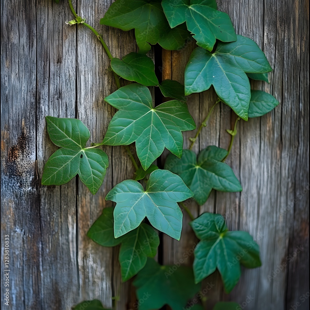 Citrullus vine growing along a rustic fence, close-up of leaves and tendrils, natural textures Citrullus vine growing along a rustic fence, close-up of leaves and tendrils, natural textures