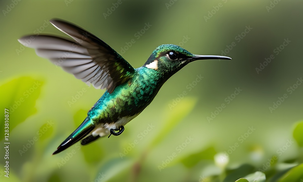 Obraz premium A crisp ultra detailed shot of an emerald green hummingbird hovering in mid air.