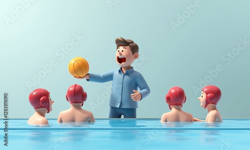 Cartoon Coach Teaching Water Polo Skills to Young Athletes