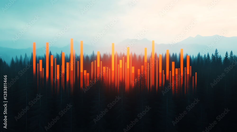 Abstract forest landscape with digital sound wave overlay at sunset. Abstract forest landscape with digital sound wave overlay at sunset.