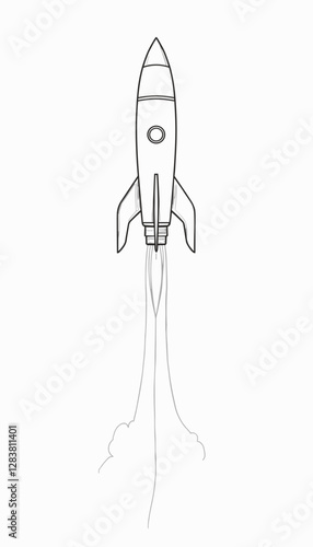 Minimalistic rocket line drawing on white background, modern art concept