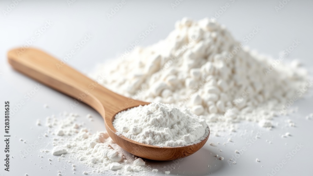 Closeup of wooden spoon with white powder on smooth surface Closeup of wooden spoon with white powder on smooth surface