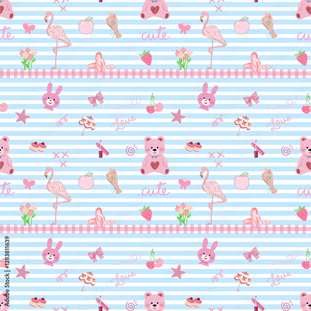 Cute Pastel Seamless Pattern with Teddy Bears, Flamingos, and Stripes Cute Pastel Seamless Pattern with Teddy Bears, Flamingos, and Stripes