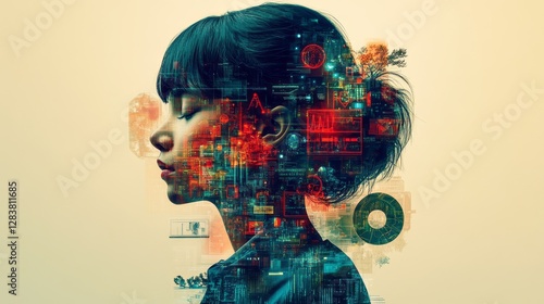 Abstract portrait of a woman merging with digital information