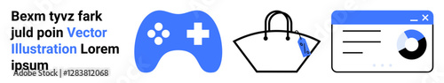 Blue gaming controller, handbag with a tag, and analytics dashboard with a chart. Ideal for gaming, retail, fashion, technology, shopping, analytics and digital platforms flat landing page banner
