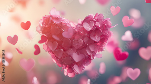 Love themed display platform with white floating romantic symbols inside window hole shaped as heart in pink wall. Minimal stand design for Valentine day product presentation or wedding decorations.