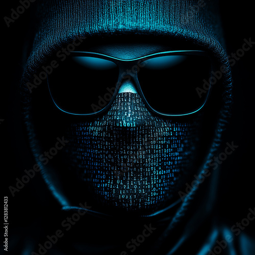 Mysterious figure in hoodie with sunglasses, illuminated by digital code, symbolizing cybersecurity threats.