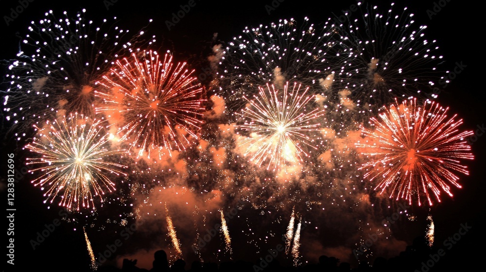 Fototapeta premium Bright and Colorful Fireworks Display with Various Explosions in Night Sky for Celebration and Festivity Events