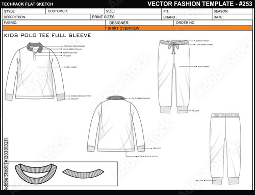 UNISEX KIDS POLO TEE FULL SLEEVE, PANT, RIB CUFF SKETCH FASHION TEMPLATE TECHNICAL DRAWING ILLUSTRATION