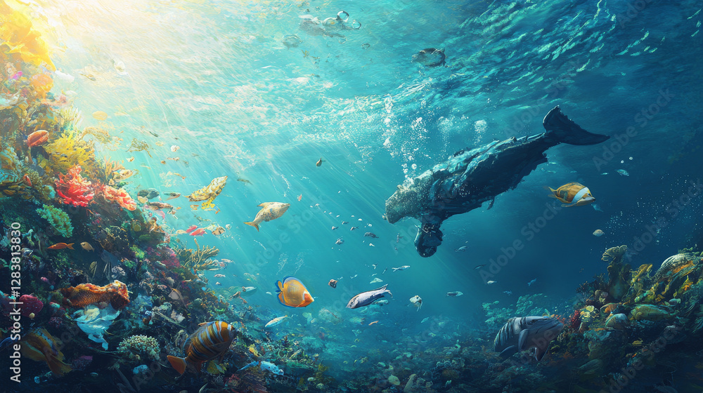 Ocean pollution with plastic trash cartoon posters. Diver girl help underwater animals living in polluted water. Wastes floating in sea. Save our planet ecology protection concept, vector illustration Ocean pollution with plastic trash cartoon posters. Diver girl help underwater animals living in polluted water. Wastes floating in sea. Save our planet ecology protection concept, vector illustration