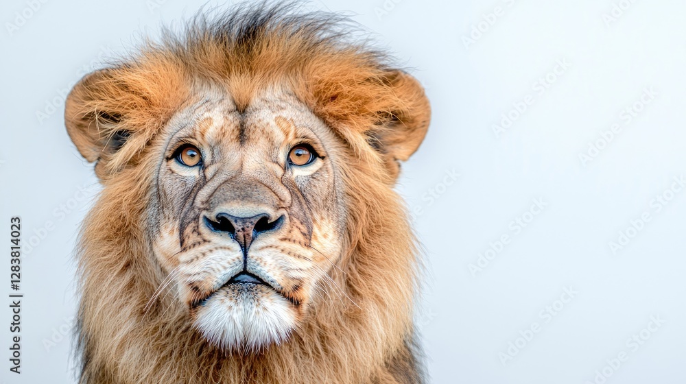 Fototapeta premium Close-up lion portrait against plain background. Potential use Wildlife stock photography