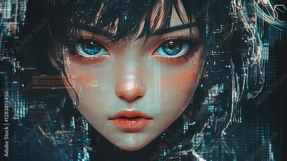 Cyberpunk Anime Portrait: A stunning anime-style character with captivating blue eyes, set against a futuristic cityscape background, embodies the essence of the cyberpunk aesthetic. Cyberpunk Anime Portrait: A stunning anime-style character with captivating blue eyes, set against a futuristic cityscape background, embodies the essence of the cyberpunk aesthetic.