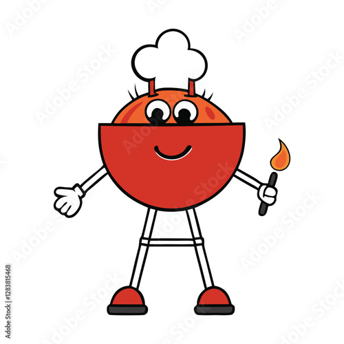 A cheerful barbecue grill cartoon character with big eyes, a wide smile, and flaming hot coals. It has arms, legs, and holds tongs, ready to grill delicious food!