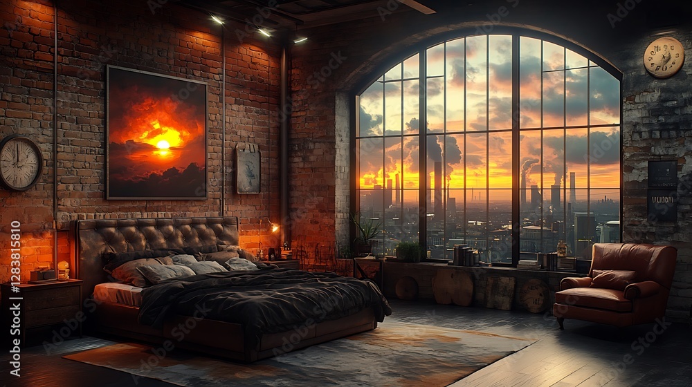 A unique industrial-style bedroom with an oversized steel-framed window framing a fiery sunrise over smokestacks, rugged decor with leather chairs and a distressed wood bedframe, A unique industrial-style bedroom with an oversized steel-framed window framing a fiery sunrise over smokestacks, rugged decor with leather chairs and a distressed wood bedframe,