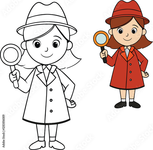A cute woman snoop detective with a magnifying glass, dressed in a stylish trench coat and hat, curiously investigating clues with a playful and determined expression.