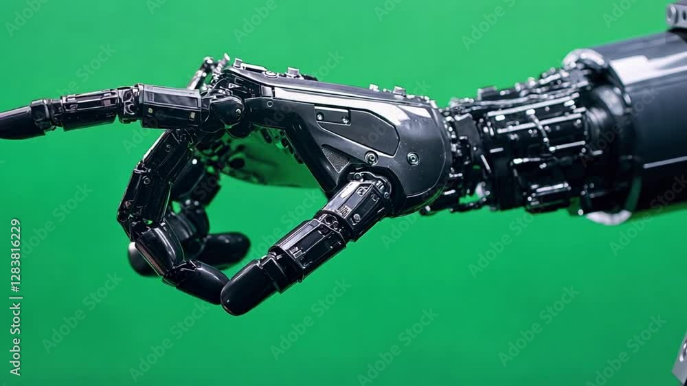 Mechanical Precision: A close-up showcases a metallic robotic hand against a vibrant green screen, its intricate design hinting at advanced technology and innovation. Mechanical Precision: A close-up showcases a metallic robotic hand against a vibrant green screen, its intricate design hinting at advanced technology and innovation.
