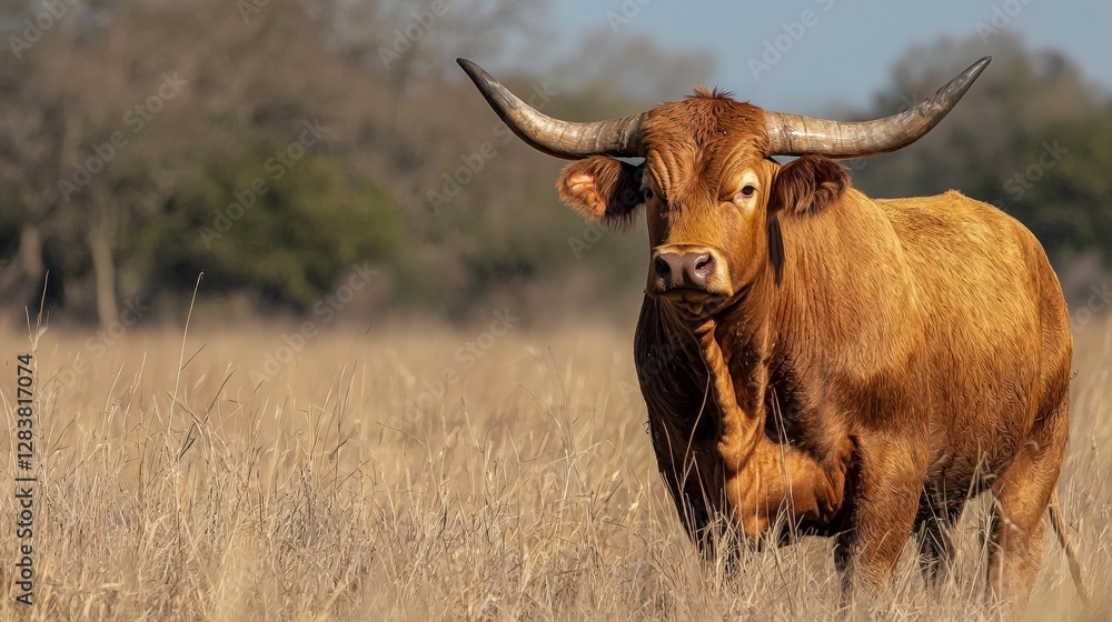 Majestic Highland Cow Standing Gracefully in a Sunlit Meadow Surrounded by Tall Golden Grass Majestic Highland Cow Standing Gracefully in a Sunlit Meadow Surrounded by Tall Golden Grass