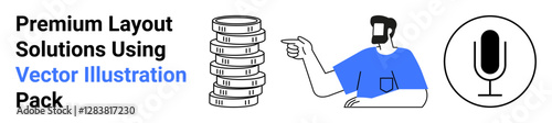 Stacked coins, microphone, man in blue shirt pointing. Ideal for business, finance, saving, podcasting, content creation, entrepreneurship innovation flat landing page banner