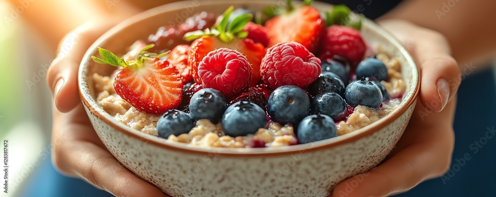 Delicious oatmeal with a mix of vibrant berries like blueberries Delicious oatmeal with a mix of vibrant berries like blueberries