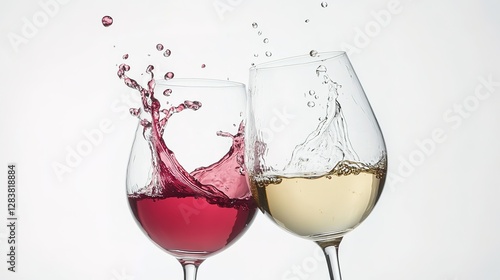 Two wine glasses clinking together, with red and white wine splashing, isolated on the left side of an all-white background.