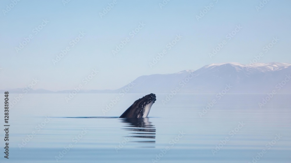 Fototapeta premium Whale breaching in calm ocean with mountain backdrop