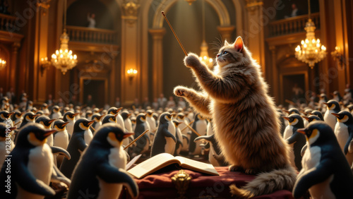 A whimsical scene where a cat stands conducting a room full of penguins on stage.