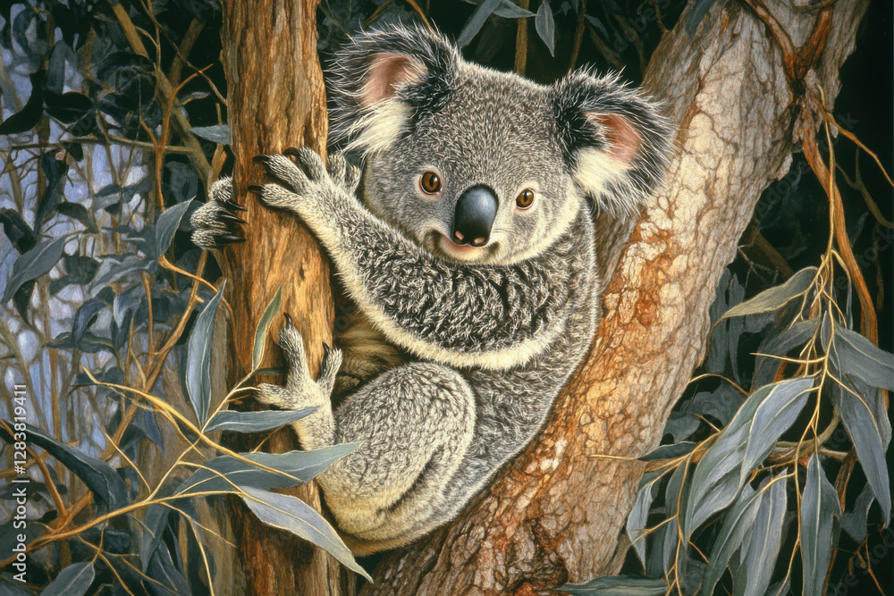 Fototapeta premium A curious koala clinging to a eucalyptus tree in the Australian bush, contentment.