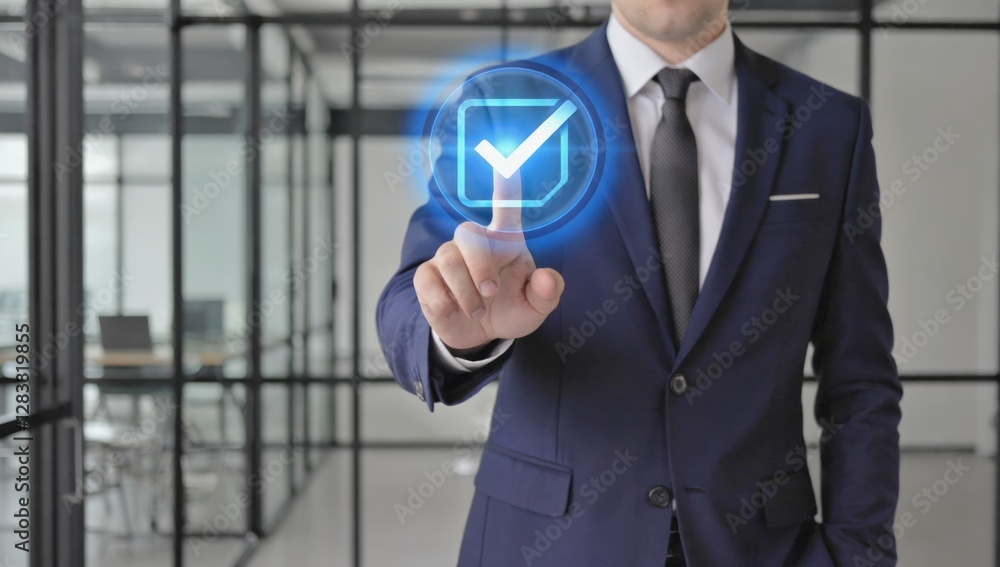Businessman touching virtual check mark in office