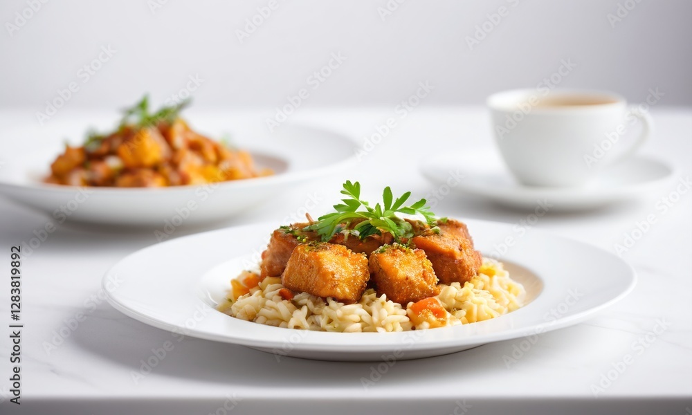 Delicious Golden Fried Tofu on Creamy Risotto with Fresh Herbs Delicious Golden Fried Tofu on Creamy Risotto with Fresh Herbs