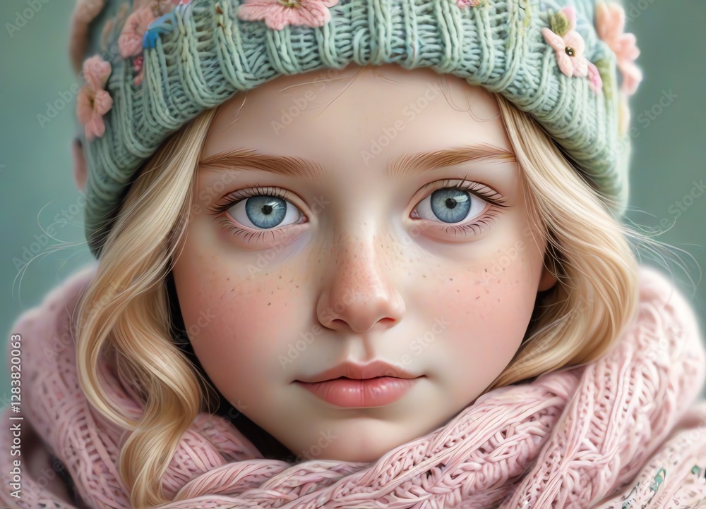 An illustration of a young girl wearing a cozy knitted beanie with a pastel pinks and greens An illustration of a young girl wearing a cozy knitted beanie with a pastel pinks and greens
