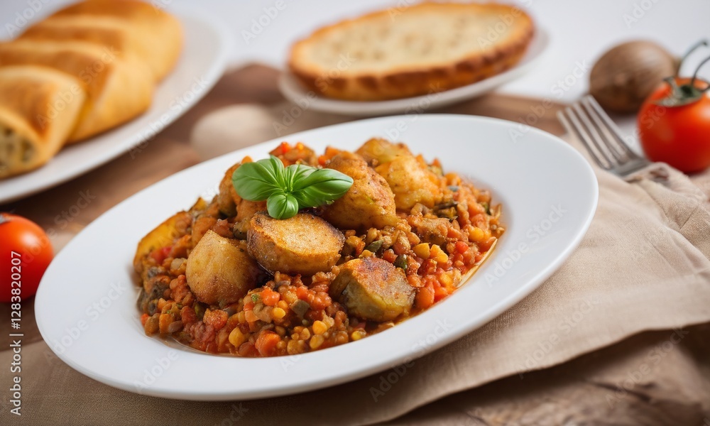 Delicious Vegetable Stew with Herbs and Rustic Bread on Table Delicious Vegetable Stew with Herbs and Rustic Bread on Table