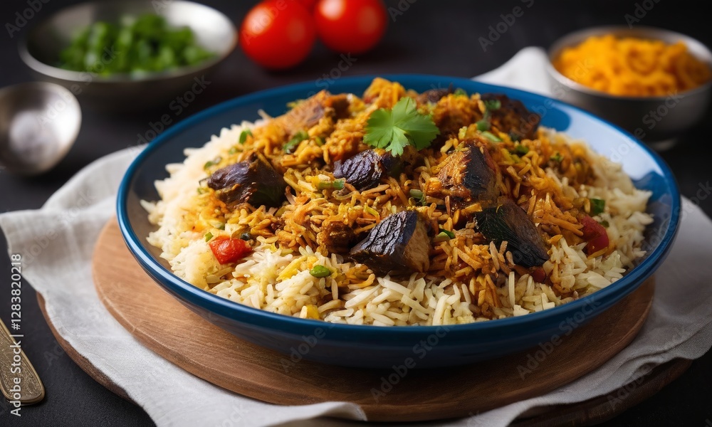Flavored Rice Dish with Chicken and Vegetables on a Wooden Table Flavored Rice Dish with Chicken and Vegetables on a Wooden Table