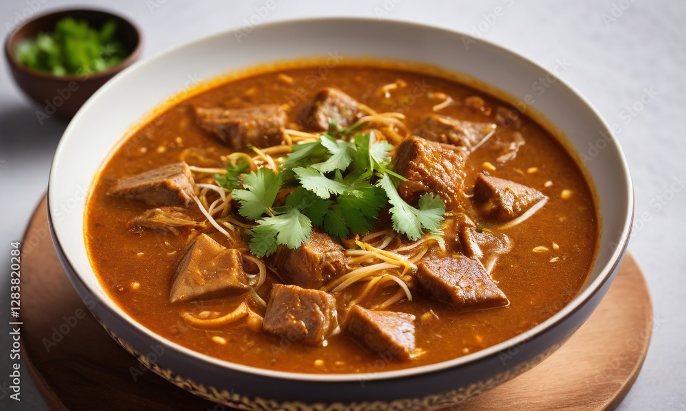 Delicious Bowl of Spicy Meat Soup with Fresh Herbs and Noodles Delicious Bowl of Spicy Meat Soup with Fresh Herbs and Noodles
