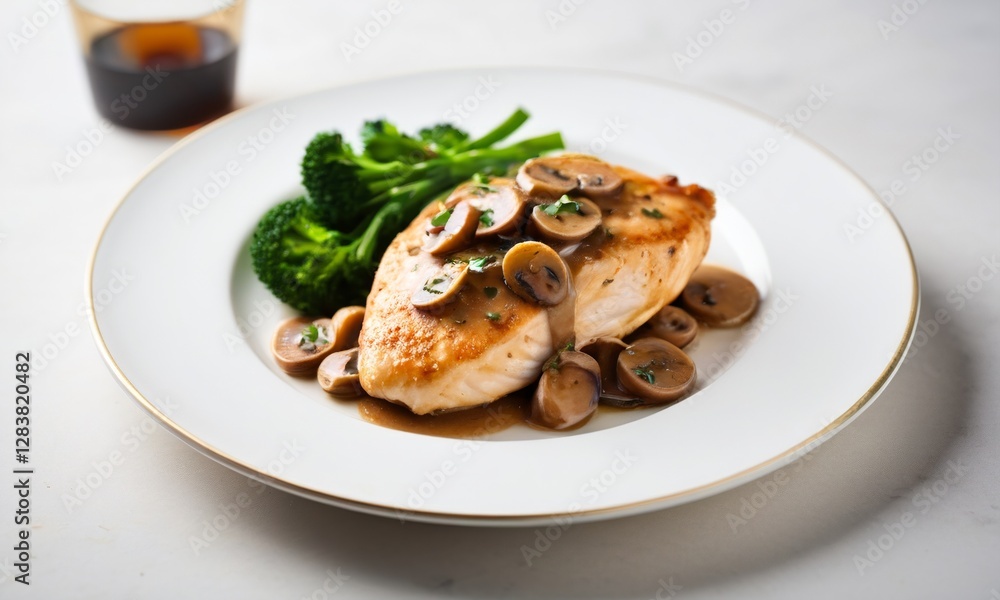 Grilled Chicken Breast with Mushrooms and Broccoli on Plate Grilled Chicken Breast with Mushrooms and Broccoli on Plate