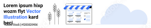 Online storefront facade next to wheat stalks, blue cloud, and placeholder text. Ideal for e-commerce, agriculture, digital marketing, web design, online shopping, cloud services storefront setup