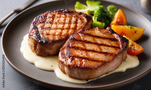 Grilled Pork Chops with Creamy Sauce and Fresh Vegetables on Plate