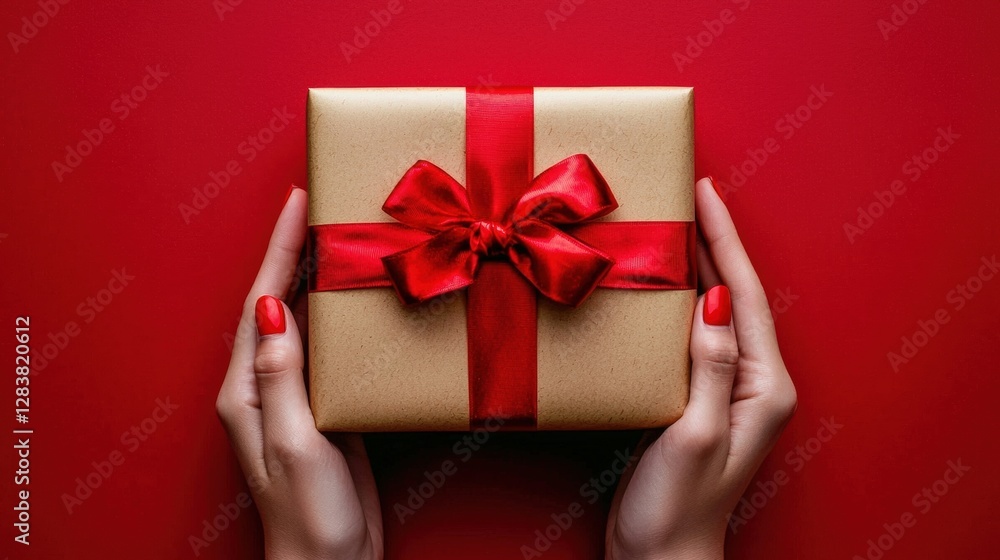 Realistic Gift Wrapping with Red Ribbon on a Red Background for Holiday Celebrations Realistic Gift Wrapping with Red Ribbon on a Red Background for Holiday Celebrations