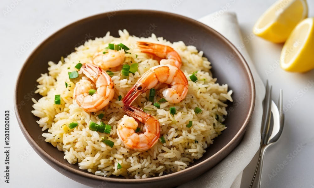 Shrimp and rice dish with fresh lemon and green onion garnish Shrimp and rice dish with fresh lemon and green onion garnish