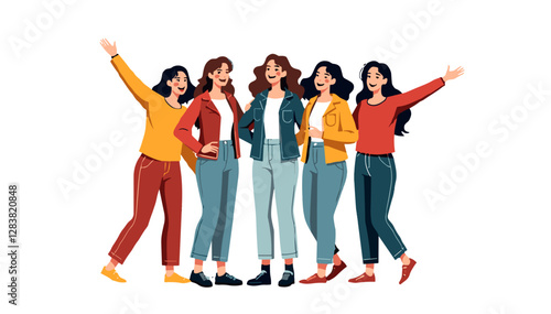 Five happy young women celebrating together in a joyful atmosphere with copy space