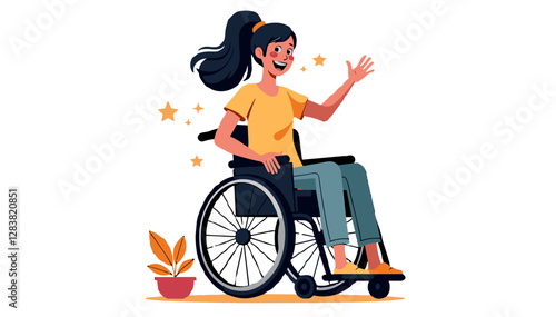 Cheerful young woman in a wheelchair happily waving with a positive attitude and copy space