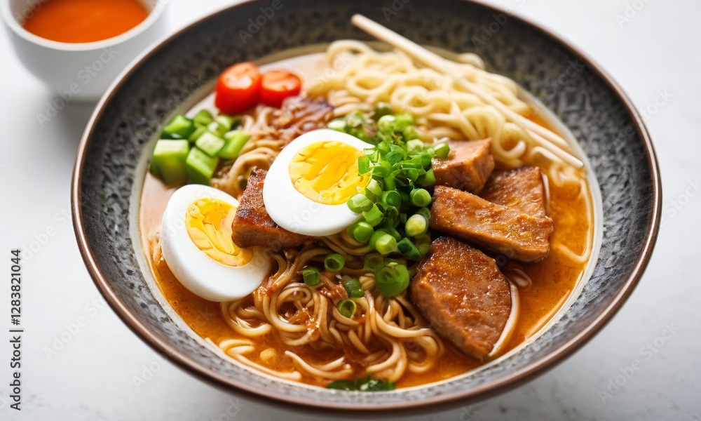 Delicious Bowl of Ramen with Eggs and Pork Chunks Delicious Bowl of Ramen with Eggs and Pork Chunks