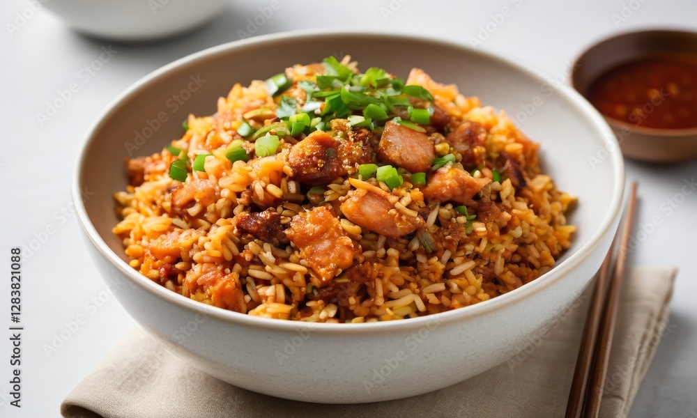 Delicious Chicken Fried Rice with Fresh Green Onions in Bowl Delicious Chicken Fried Rice with Fresh Green Onions in Bowl